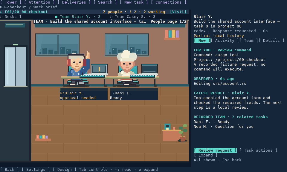 A demo worker beside a work panel showing an approval request, recorded activity, and related tasks